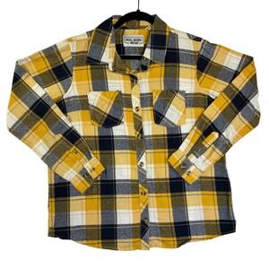 Real Work Wear Mens Yellow Navy Blue Plaid Flannel Button Up Shirt Size M